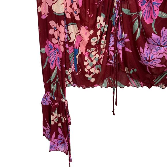 Free People Of Paradise Top Small New Floral Print Mesh Retro Crop Boho Blouse - Picture 4 of 7